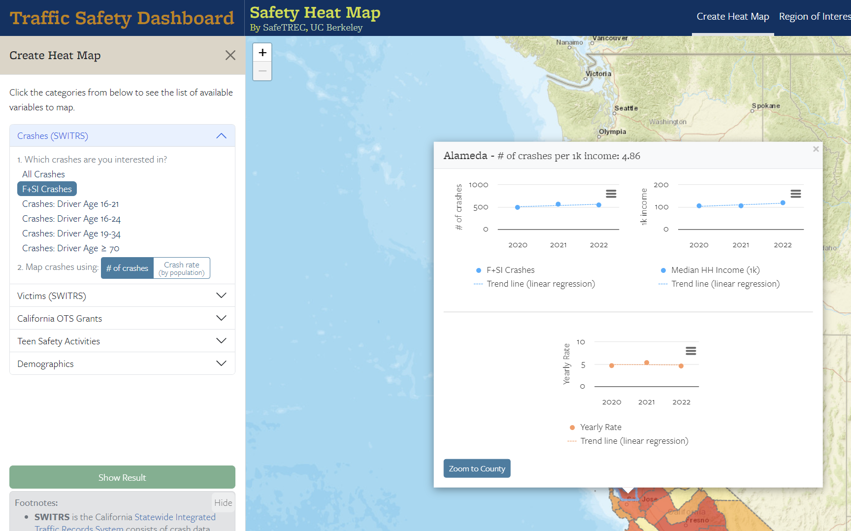 Screenshot for California traffic safety heat map tool